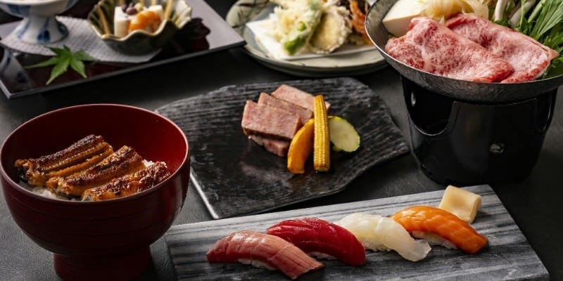 【三味懐石】天ぷら・和牛・寿司または鰻丼を含む全6品＋1ドリンク（東京タワーが見える半個室が選べる）