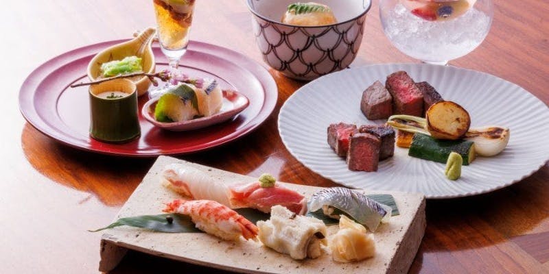 【季節のコース：祇園】黒毛和牛の食べ比べ・寿司等全5品＋選べる1ドリンク（半個室確約）