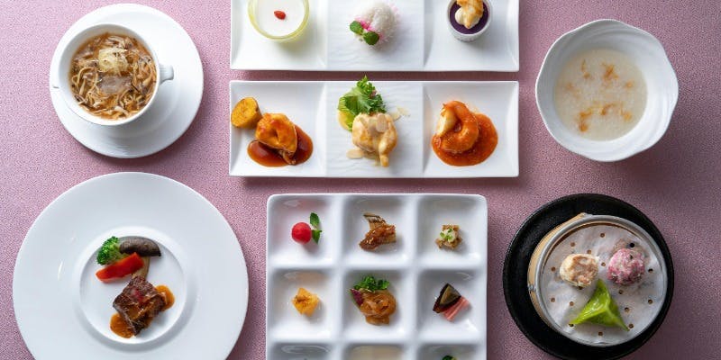 【平日限定】前菜9種、牛コラーゲン入りふかひれスープ、海老3種食べ比べ、国産牛ロースステーキなど全7品