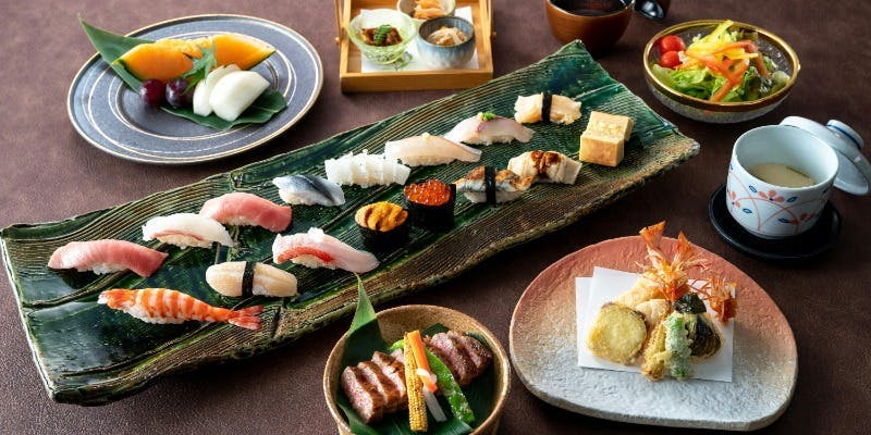 【おまかせ寿司贅沢コース】にぎり寿司16貫に天婦羅や黒毛和牛網焼きが付いた贅沢コース＋1ドリンク