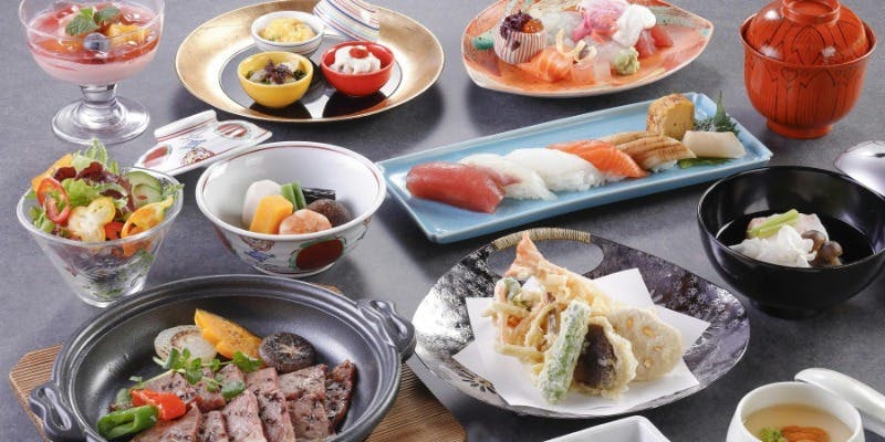 【なにわ】国産牛ロース、天ぷら、にぎり寿司など＋乾杯グラスシャンパン または おすすめの日本酒