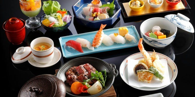 【なにわ】国産牛ロース、天ぷら、にぎり寿司など＋乾杯グラスシャンパン または おすすめの日本酒