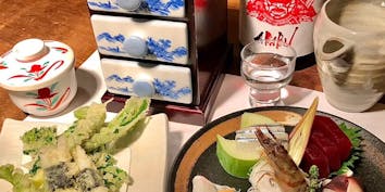 鮮魚五点盛りなど、日本酒好きなお客様に最適の全10品「特選接待コース」 - おまかせ料理 滴屋