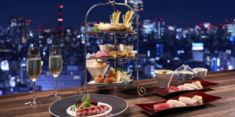 【イブニングハイティー】最上階からの夜景と国産牛ステーキ＆スイーツ＋乾杯シャンパン・フリーフロー