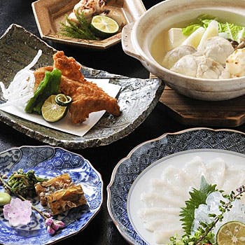 草庵 個室限定 ひいらぎ ふぐちり鍋 白子焼き 焼きふぐ ふぐの唐揚げ等全8品 個室限定 ディナー プラン メニュー 一休 Comレストラン
