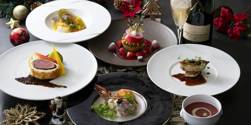 【Xmas2025】乾杯シャンパン付！オマール海老 黒毛和牛コース＋赤白ワイン（窓際確約席　花付）