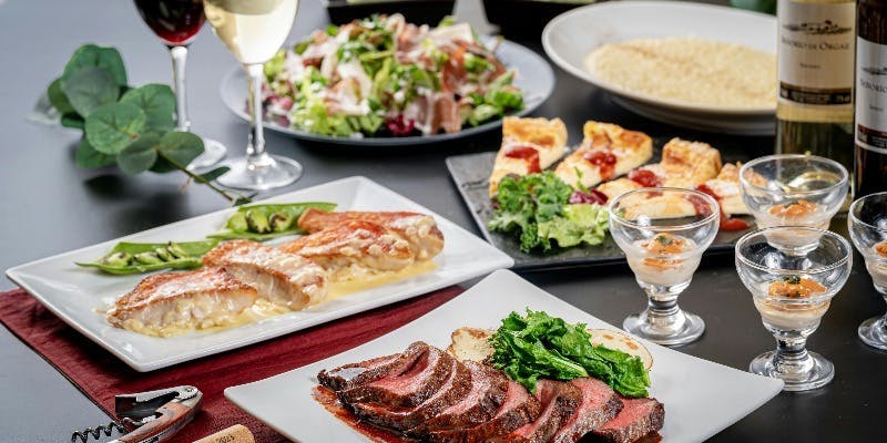 【銀座で贅沢なパーティー】黒毛和牛のロースト＆金目鯛のソテー、2つのメインを楽しむ全7品　飲み放題付き
