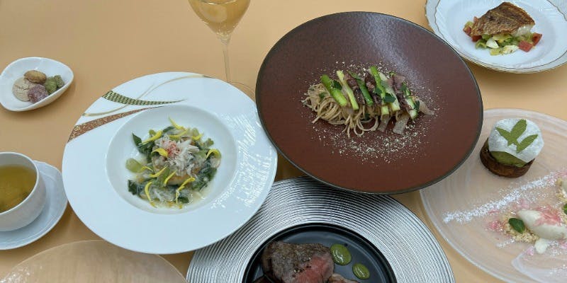 【ディナー】～Menu NORIO～2024春　前菜2皿・魚料理と選べる肉料理の7品＋乾杯スパークリングワイン