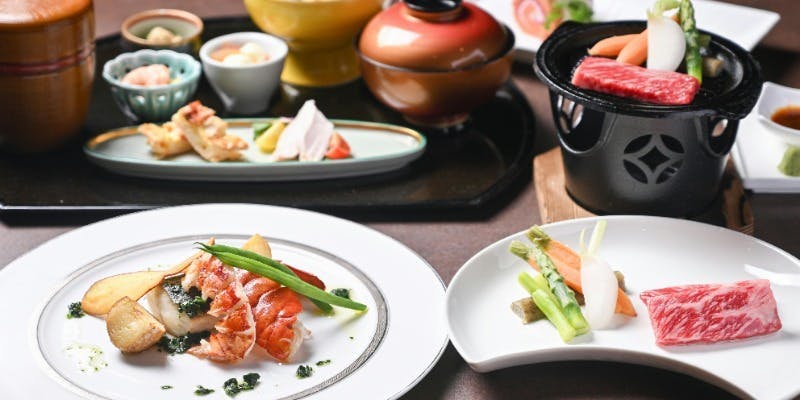 【感謝の和洋折衷コース】　オマール海老と黒毛和牛の陶板焼きの贅沢コース＋乾杯1ドリンクサービス