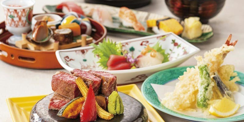 会席胡蝶　国産牛ステーキや天ぷら、お造り、寿司等　最上階レストランにてご堪能＋抹茶葛餅付
