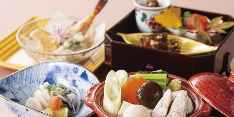 ふぐ師走御膳　ふぐを鍋、唐揚げ、天麩羅、酢の物にて食す＋乾杯ドリンク＋抹茶葛餅（1週間前早割）