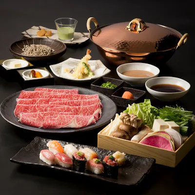 【旬の味覚宴会プラン】黒毛和牛しゃぶしゃぶ・寿司・海老・天ぷらの食べ放題をご用意
