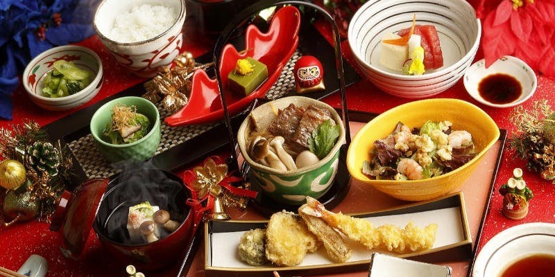 【なだ万御膳】博多和牛すき焼き風、天婦羅、造りなど盛りだくさんの贅沢ランチ！＋乾杯ドリンク