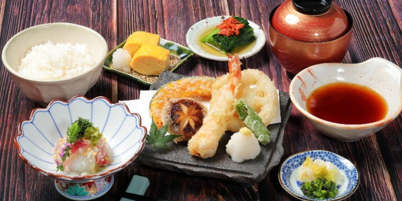 【ニホンバシ天麩羅御膳】4種の天ぷら・鯛の塩麹漬けなど＋2h飲み放題付き