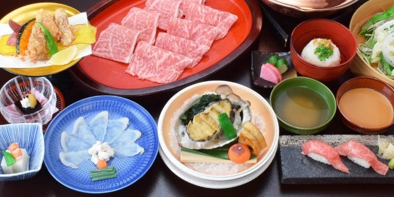 【期間限定】ふぐ・あわび・和牛炙りにぎりと特選牛しゃぶしゃぶ豪華美食コース～雪～