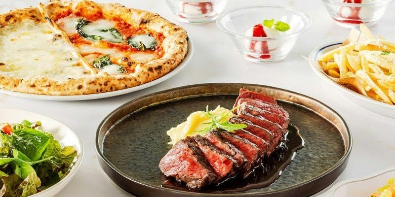 【デラックス】黒毛和牛グリル、人気ピッツァ2種、パスタ等11品＋2時間飲み放題