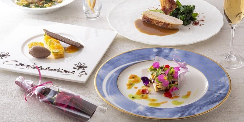 【記念日プラン】Wメインなど全6品＋乾杯用グラスシャンパーニュ＋メッセージプレート＋花1輪（窓際確約）