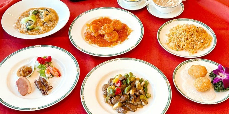 【ふかひれスープ・蟹肉の海老すり身揚げ・大海老チリソースを含む満足コース】全8品＋1ドリンク付