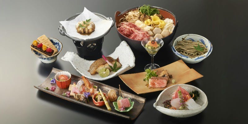 【紅紫コース】お造り、舟形マッシュルームと山形牛ステーキ、山形牛いも煮など全7品