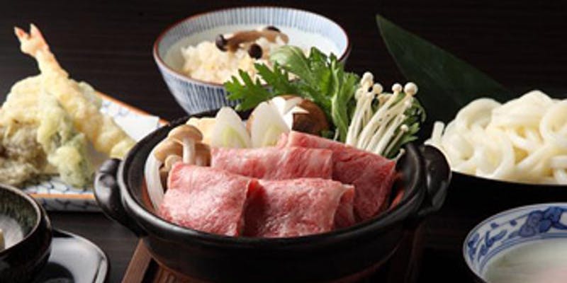 【湖魚の天ぷらと近江牛すき焼き会席】お造り3種、揚物など全6品 ＋1ドリンク（平日限定）