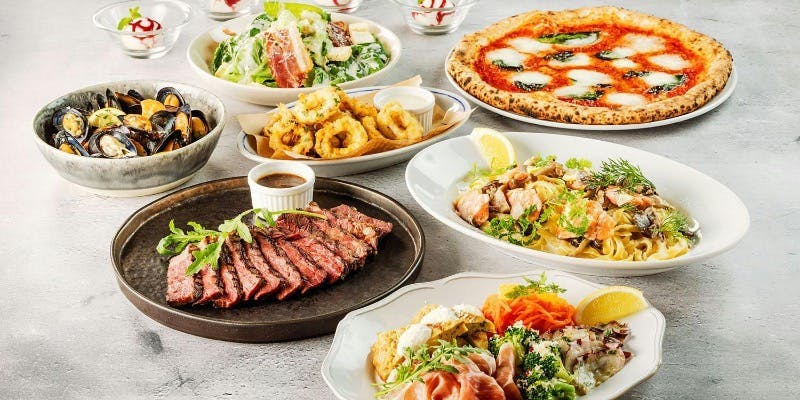 （プレミアムコース）牛赤身グリル、選べるピッツァ、熟成生ハム、フリット等～全8皿12品＋2時間飲み放題