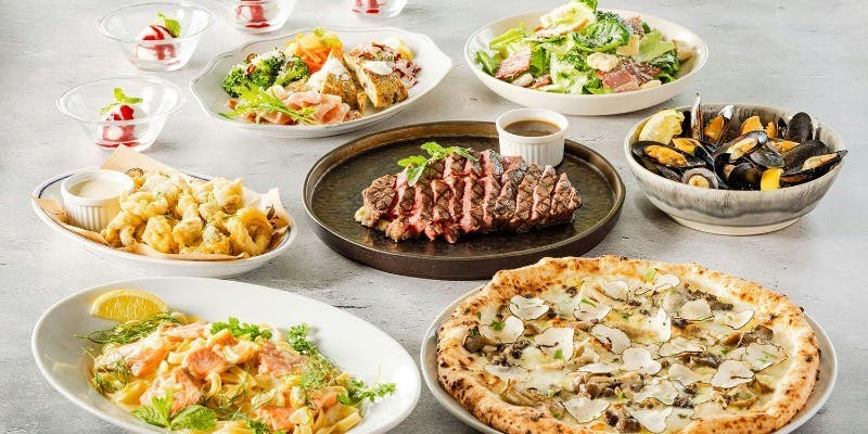 （ラグジュアリーコース）贅沢トリュフピッツァ、牛赤身ステーキ、生ハム等～全8皿12品＋2時間飲み放題