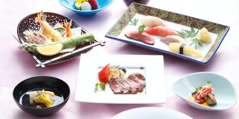 羽衣自慢の「鮨・天麩羅・鉄板焼」を楽しむ季節の会席コース【贅沢堪能会席】＋選べる1ドリンク