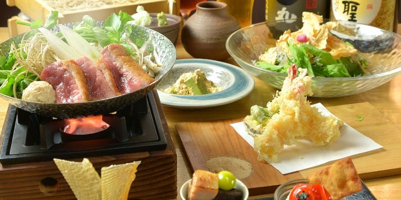 【宴会コース】青森特産アップルポークの豚味噌すき焼き鍋/天ぷら盛/鮮魚造り/自家製そば＋2時間飲み放題