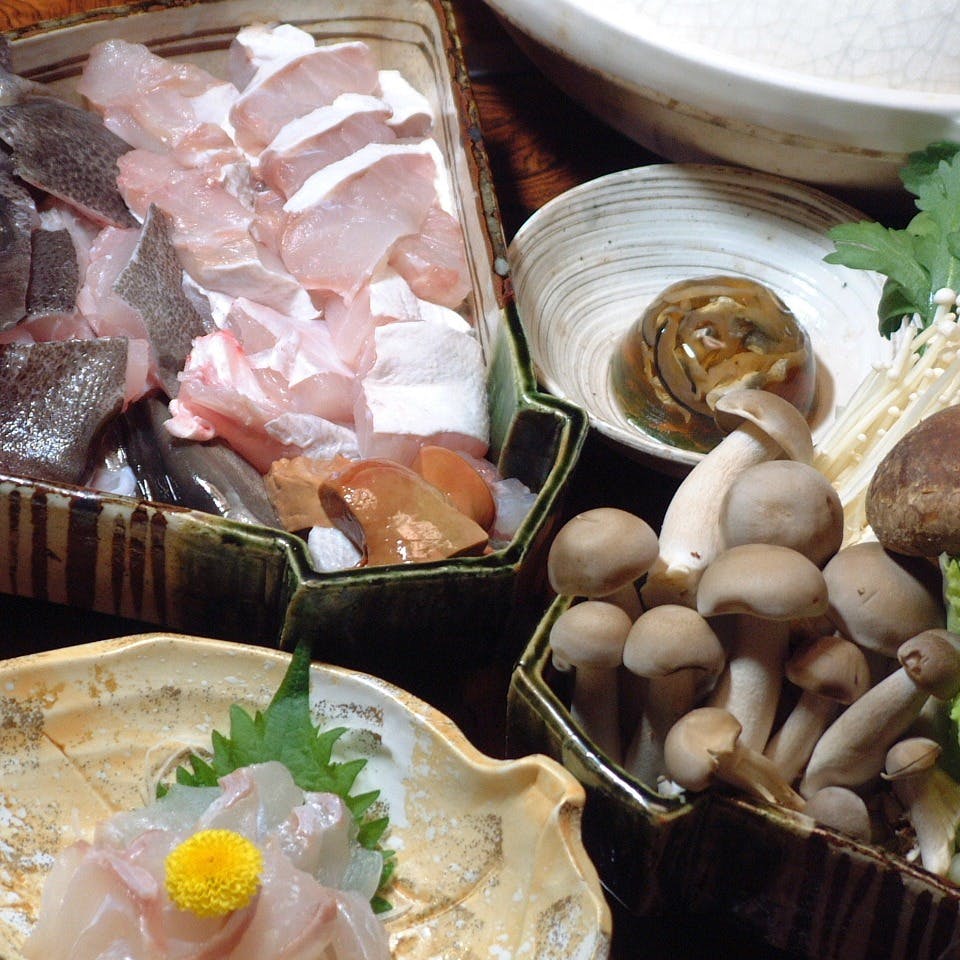 寿司割烹 松葉 魚ちりコース 先付 御造り 魚ちり 雑炊など 天然 寿司割烹 松葉 魚ちりコース 先付 御造り 魚ちり 雑炊など 天然