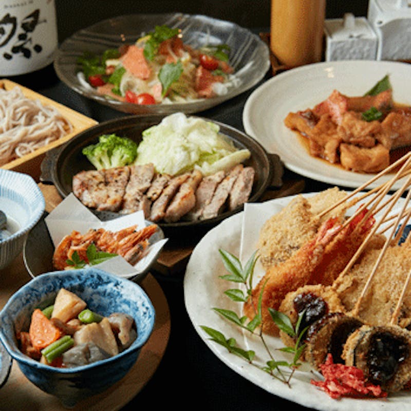 【旬彩コース】酒肴前菜5種盛り・赤魚の煮物・串揚げ5種など全7品（個室も可）