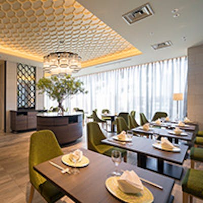 緑と自然光に包まれた囲まれたダイニング