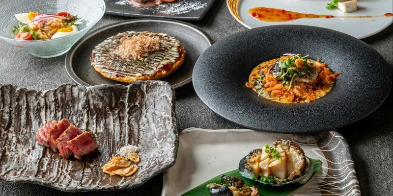 【華～hanayagi～】季節の前菜や旬の魚鉄板焼、活あわびの鉄板焼、国産黒毛和牛ステーキとお好みなど全7品