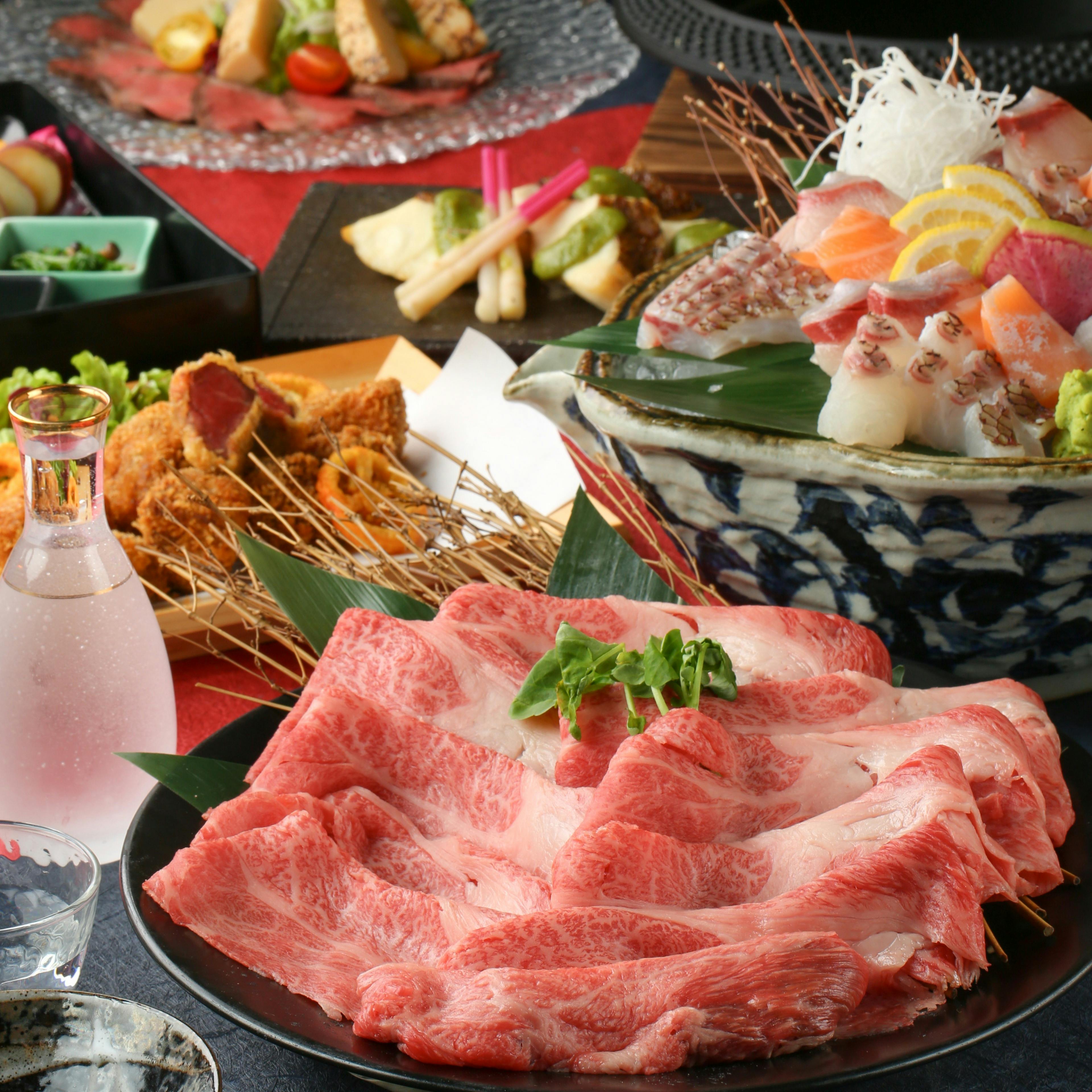 夜景 個室 肉割烹 牛若丸 梅田店 すき焼き上コース 2時間飲み放題 造り3種 レアかつ 霜降り黒毛和牛のすき焼きなど全7品 ディナー プラン メニュー 一休 Comレストラン