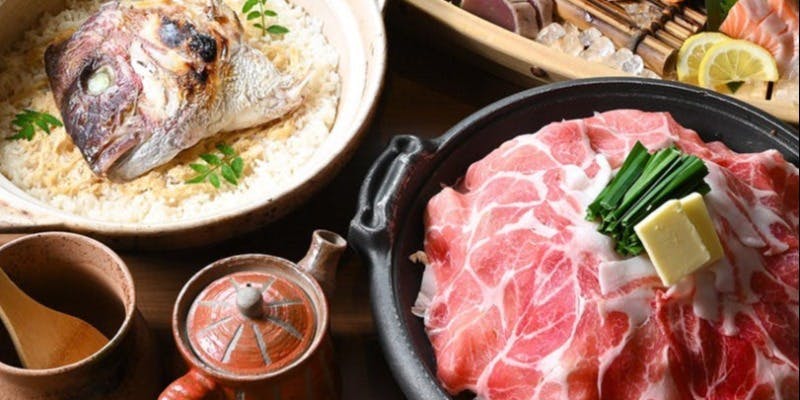 海鮮舟盛りと豚の陶板焼きの名物鯛めしコース＋飲み放題付