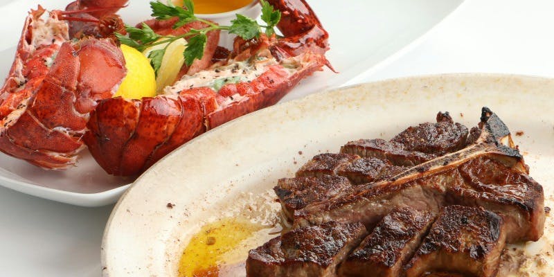 【仔牛のTボーンステーキ×ロブスター】シーフード×ステーキ180g、デザートなど全6品