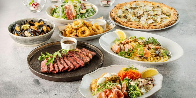 【ラグジュアリーコース】赤身グリル、トリュフピッツァ、生ハム、ムール貝、パスタ＋2時間飲み放題