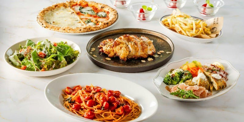 【サルヴァトーレコース】鶏もも肉ソテー、2種ピッツァ、前菜盛り合わせ、パスタ＋2時間飲み放題