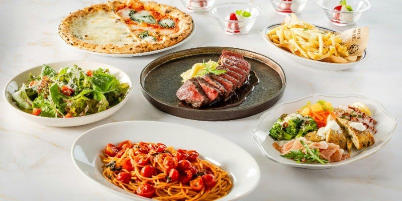 【デラックスコース】黒毛和牛のグリル、2種ピッツァ、生ハム等前菜盛り合わせ、パスタ＋2時間飲み放題