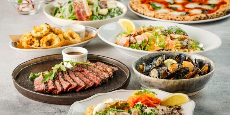 【プレミアムコース】牛赤身グリル、選べるピッツァ、生ハム、ムール貝、パスタ等＋2時間飲み放題