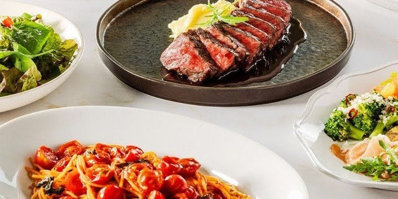 【デラックスコース】黒毛和牛グリル、人気ピッツァ2種、パスタなど全11品＋2時間飲み放題