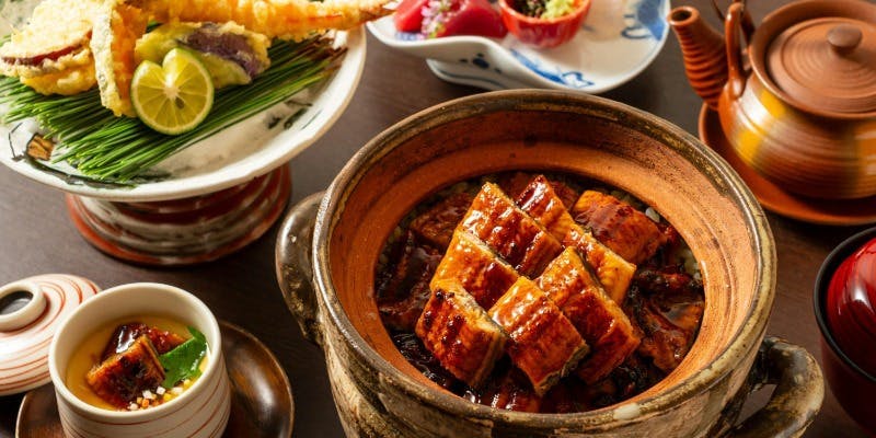 （平日ランチ）WEB予約限定【鰻うなぎ御膳】お造りや天婦羅、そして国産鰻の土鍋御飯がついた特別ランチ