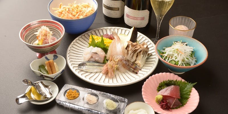 【ディナー】造り2種、車海老や季節の魚介、野菜の天ぷらなど