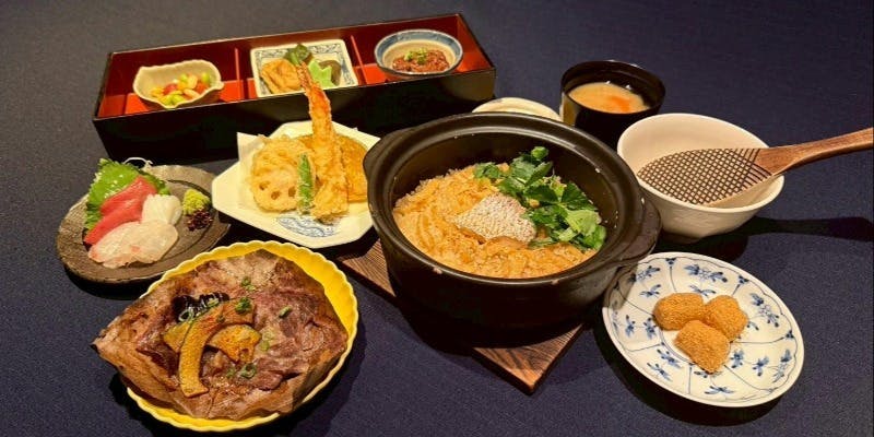 ランチ予約限定【おばんざい、大沼牛の炙り焼きと鯛とみつばの羽釜ごはんのコース】
