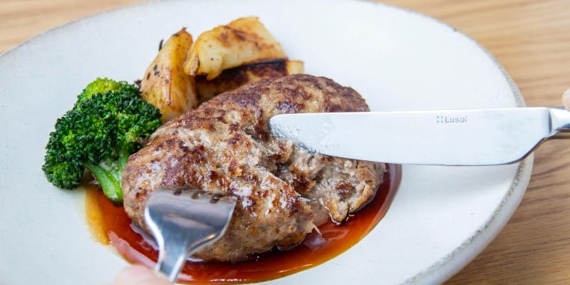 ハンバーグ デミグラスソースが白いお皿にのった様子