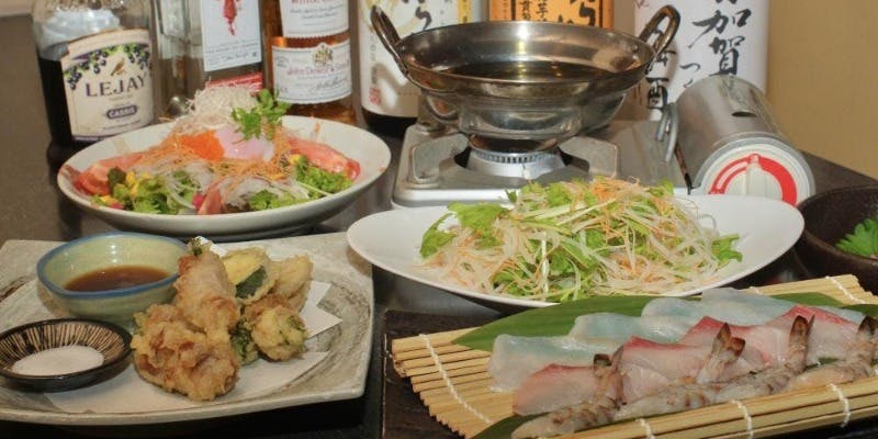 ＜海しゃぶコース 飲み放題＞熊本天草3種の海しゃぶ（虎河豚・車海老・鰤）天婦羅など全5品 （リクエスト）