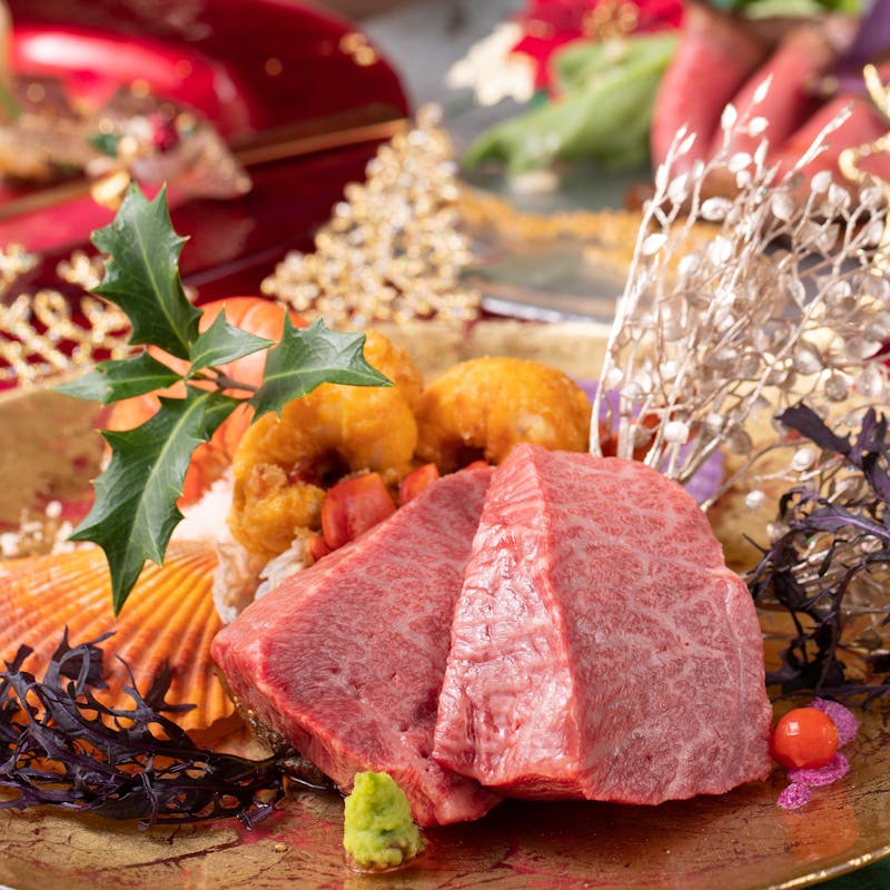 【Xmas2021】食前酒付 ふぐ、牡蠣、天然クエとフォアグラ、神戸牛特選赤身ステーキなど全12品