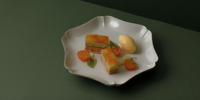 【冬のデザートセット】金柑のミルフィーユ 金柑ソルベ ピスタチオ、コーヒーまたは紅茶