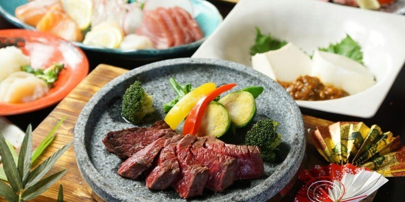 【結】仙台牛ロースの石焼き、造里、本日の焼き魚等全10品＋選べる1ドリンク（顔合わせにも・個室）