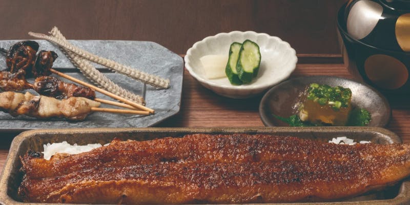 【一本菊御膳】鰻部位3種串焼き、吸物、漬物、鰻の煮こごり