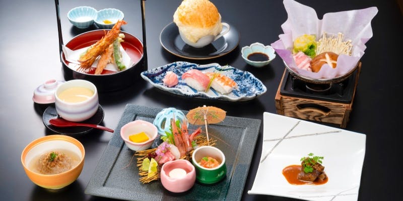 【和洋折衷会席】豪華前菜盛り合わせ、タンシチュー、ミニ寄せ鍋、天婦羅、など全10品（個室確約）